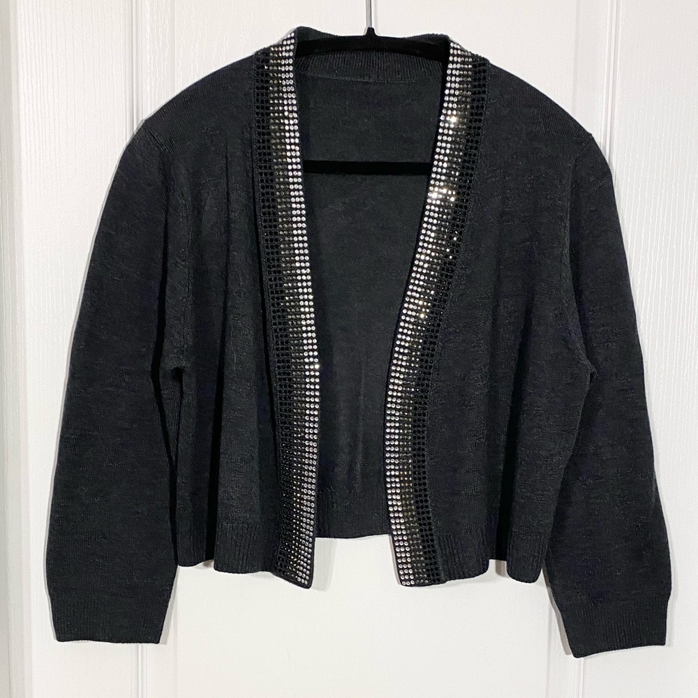 Y2K VTG Tricolor Crystal Trim Cropped Open Cardigan Sweater Gray Size Medium